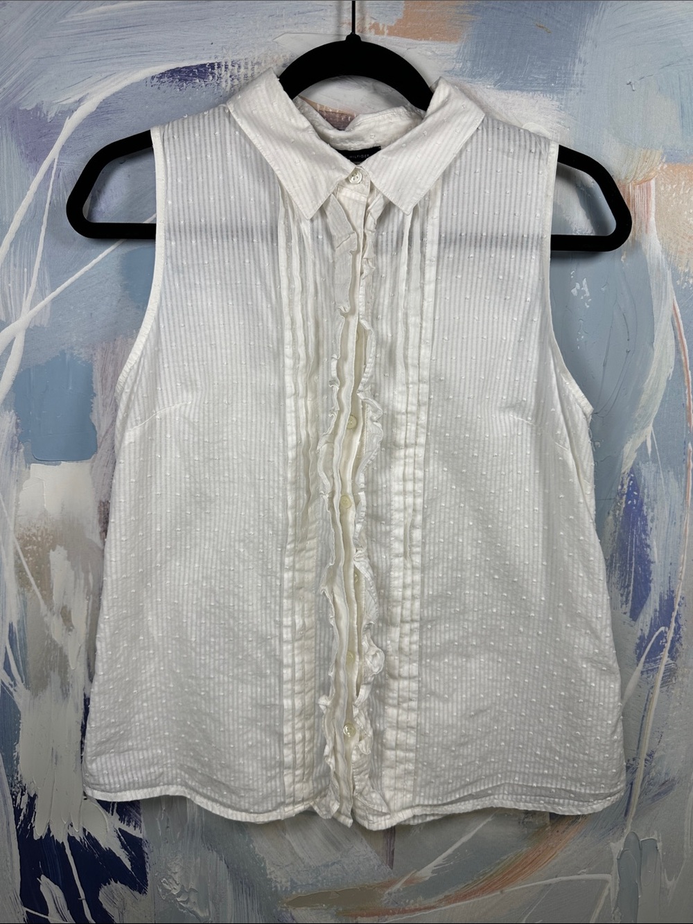 Tommy Hilfiger White Textured Ruffle Front Sleeveless Blouse M Cotton
